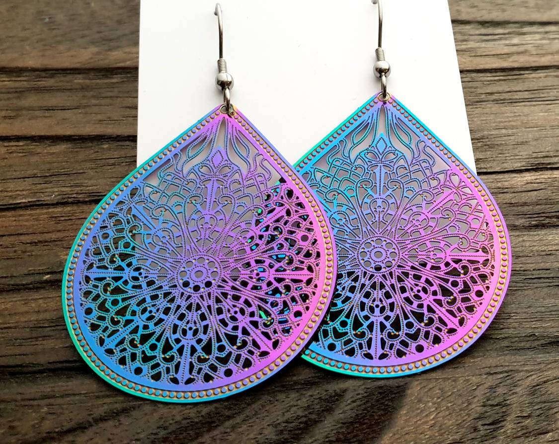 Teardrop Dangle Earrings, Pink Blue Teardrops, Stainless Steel Anodized Earrings