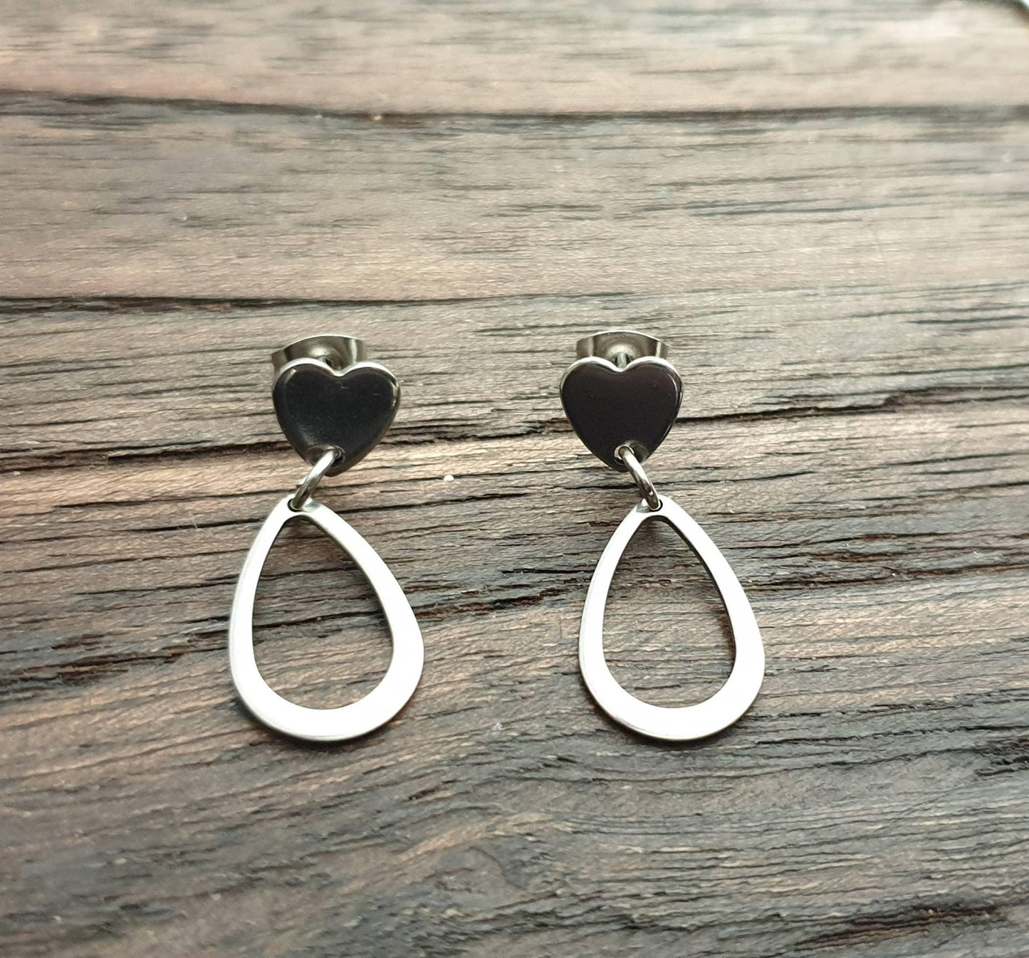 Teardrop Heart Dangle Earrings, Stainless Steel Dangles