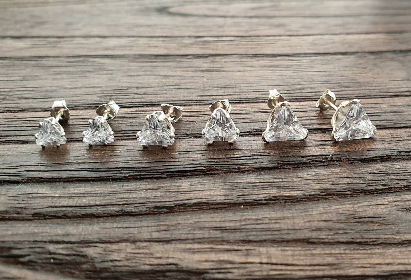 Sterling Silver CZ Triangle Cut Stud Earrings, Cubic Zirconia Clear Stud Earrings, Trillion Cz Studs, Trillion Cut Studs 5mm, 6mm, 7mm