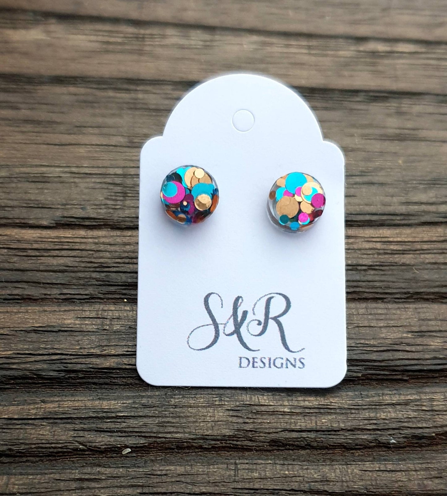 Circle Dot Resin Stud Earrings, Aqua Pink Rose Gold Glitter Earrings. Stainless Steel Minimalist Stud Earrings. 8mm, 10mm, 12mm or 15mm
