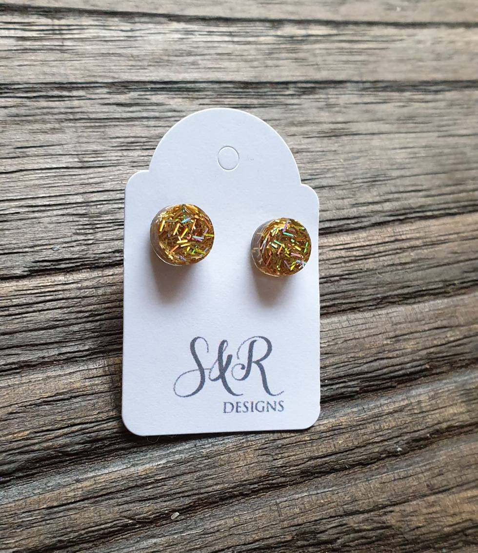 Circle Dot Resin Stud Earrings, Gold Holographic Glitter Earrings. Stainless Steel Stud Earrings. 8mm, 10mm, 12mm or 15mm