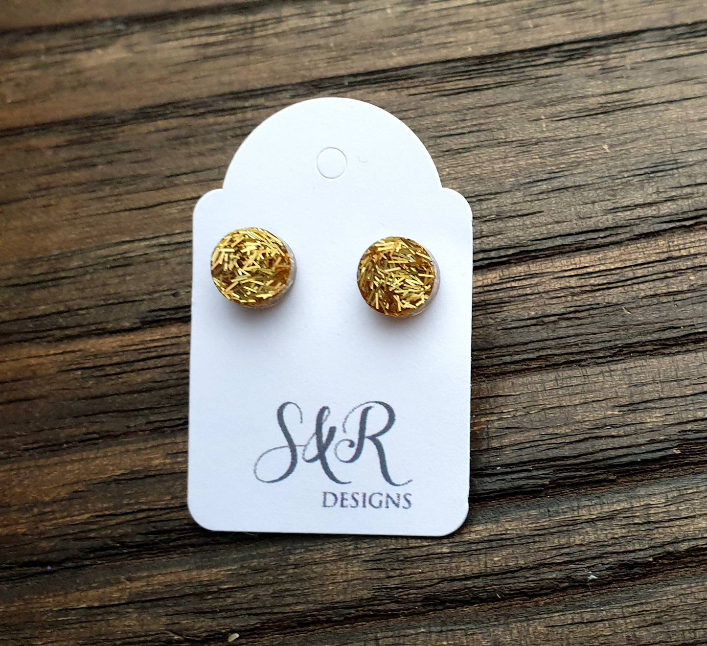 Circle Dot Resin Stud Earrings, Gold Holographic Glitter Earrings. Stainless Steel Stud Earrings. 8mm, 10mm, 12mm or 15mm