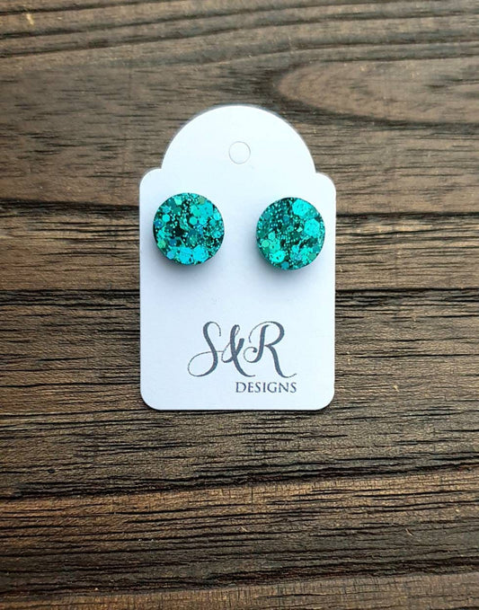 Circle Dot Resin Stud Earrings, Teal Glitter Earrings. Stainless Steel Stud Earrings. 8mm, 10mm, 12mm or 15mm