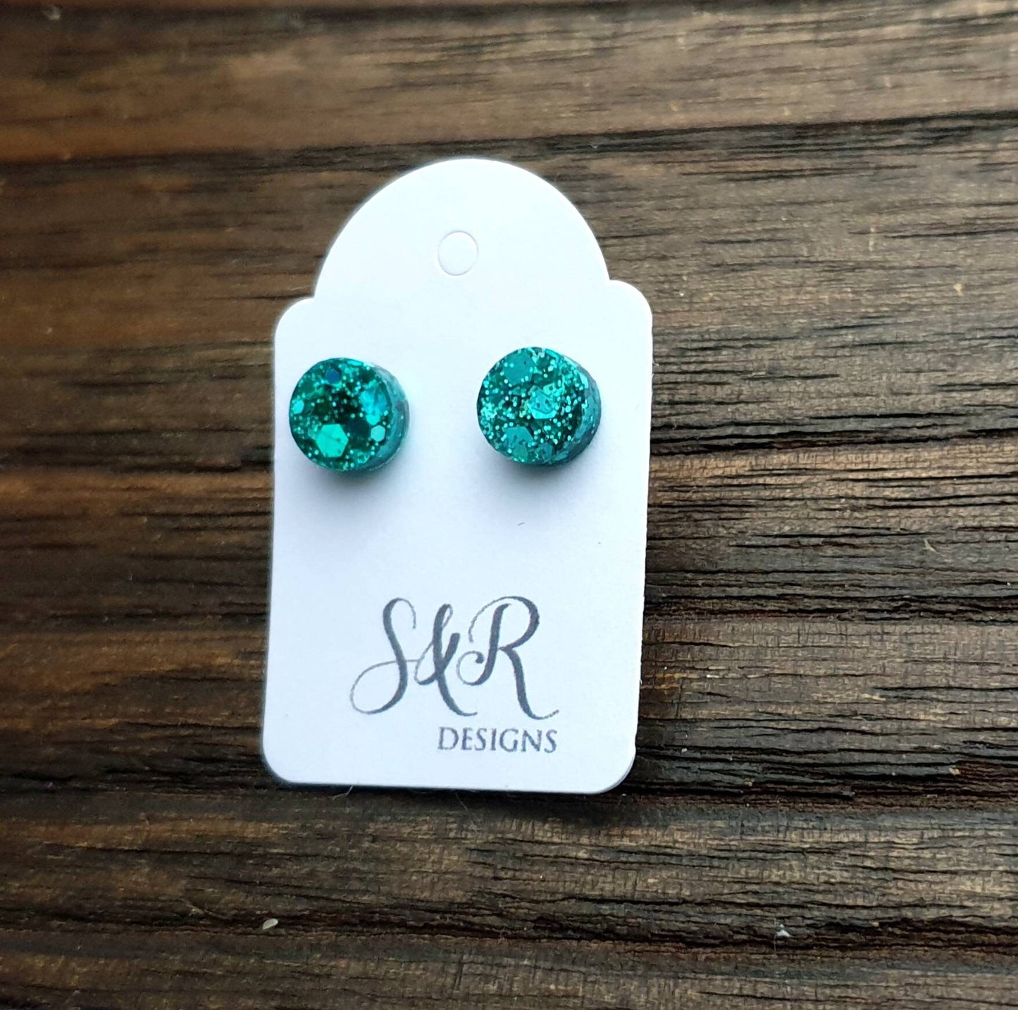 Circle Dot Resin Stud Earrings, Teal Glitter Earrings. Stainless Steel Stud Earrings. 8mm, 10mm, 12mm or 15mm