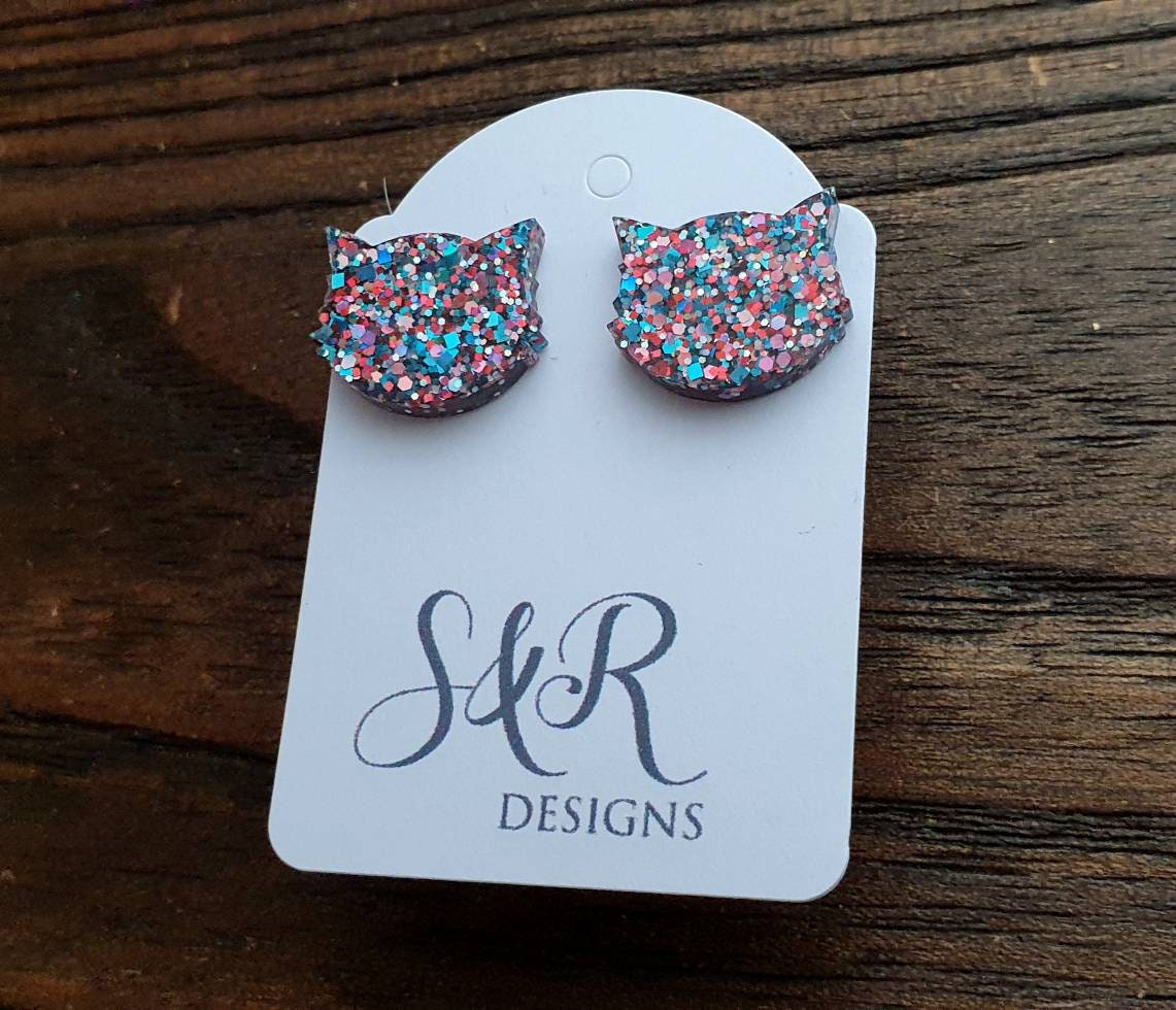Cat Earrings, Cat Resin Stud Earrings, Confetti Glitter Earrings, Cat Glitter Earrings made with Stainless Steel.