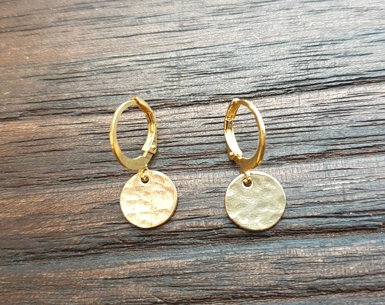 Gold Hammered Circle Disc Leverback Earrings, Coin Disc Hoops, Disc Hooks, Stainless Steel Dangle Leverback, Personalised Minimalist Earring