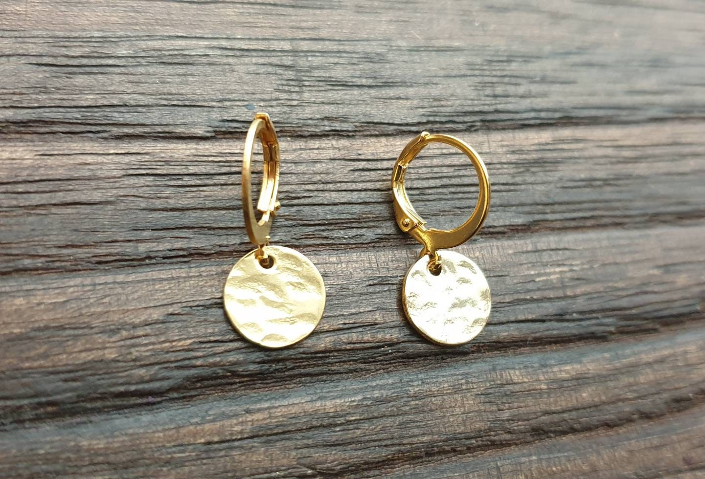 Gold Hammered Circle Disc Leverback Earrings, Coin Disc Hoops, Disc Hooks, Stainless Steel Dangle Leverback, Personalised Minimalist Earring