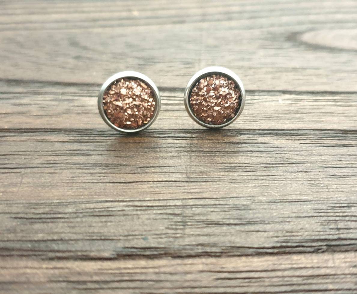 Rose Gold Faux Druzy Stud Earrings, Stainless Steel Earrings 10mm