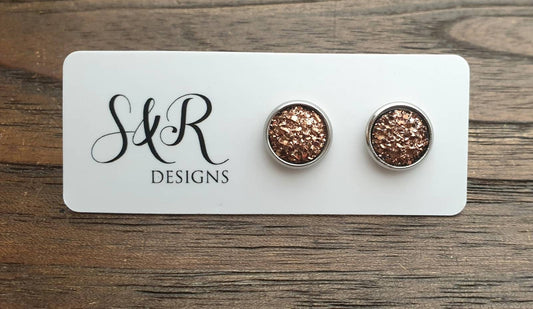 Rose Gold Faux Druzy Stud Earrings, Stainless Steel Earrings 10mm
