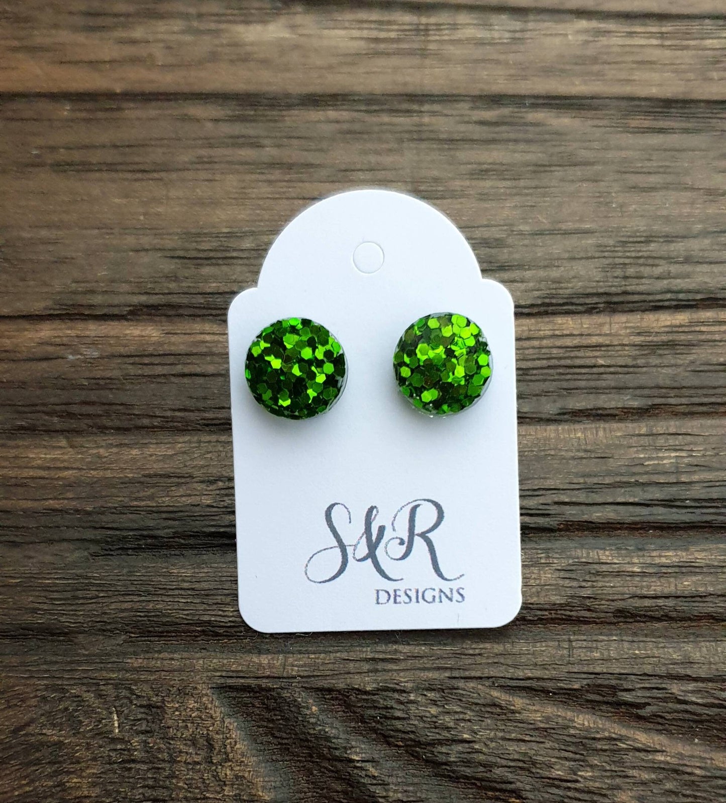 Circle Dot Resin Stud Earrings, Green Glitter Earrings. Minimalist Stainless Steel Stud Earrings. 10mm, 12mm or 8mm