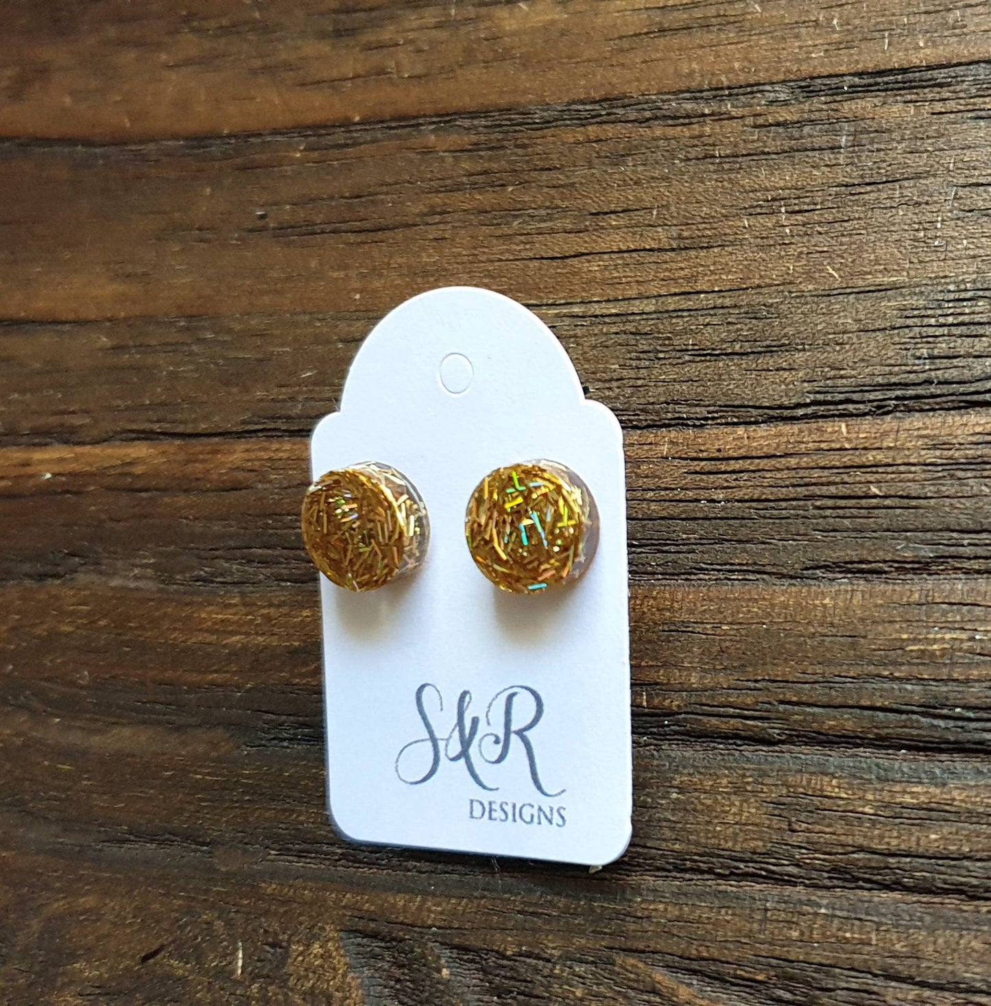 Circle Dot Resin Stud Earrings, Gold Holographic Glitter Earrings. Stainless Steel Stud Earrings. 8mm, 10mm, 12mm or 15mm
