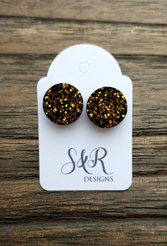 Circle Dot Resin Stud Earrings, Black Gold Glitter Earrings. Stainless Steel Stud Earrings. 8mm,  10mm, 12mm or 15mm