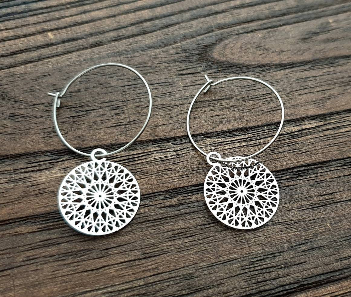 Circle Filigree Stainless Steel Dangle Earrings Medium. Hoop, Leverback or Hook Earrings in Silver or Gold