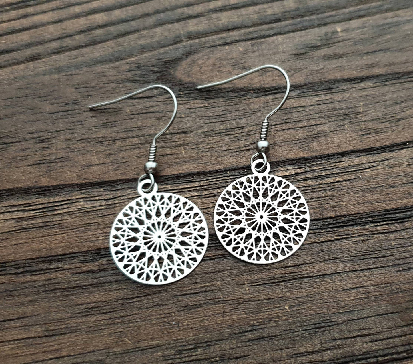 Circle Filigree Stainless Steel Dangle Earrings Medium. Hoop, Leverback or Hook Earrings in Silver or Gold