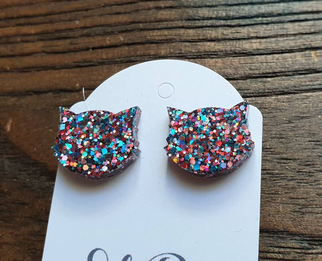 Cat Earrings, Cat Resin Stud Earrings, Confetti Glitter Earrings, Cat Glitter Earrings made with Stainless Steel.