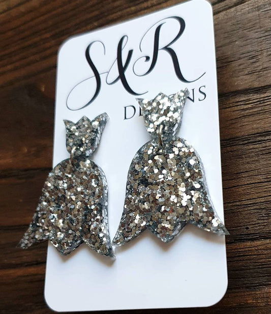 Tulip Silver Glitter Resin Earrings, Silver Glitter Resin Flower Earrings, Stainless Steel Earrings