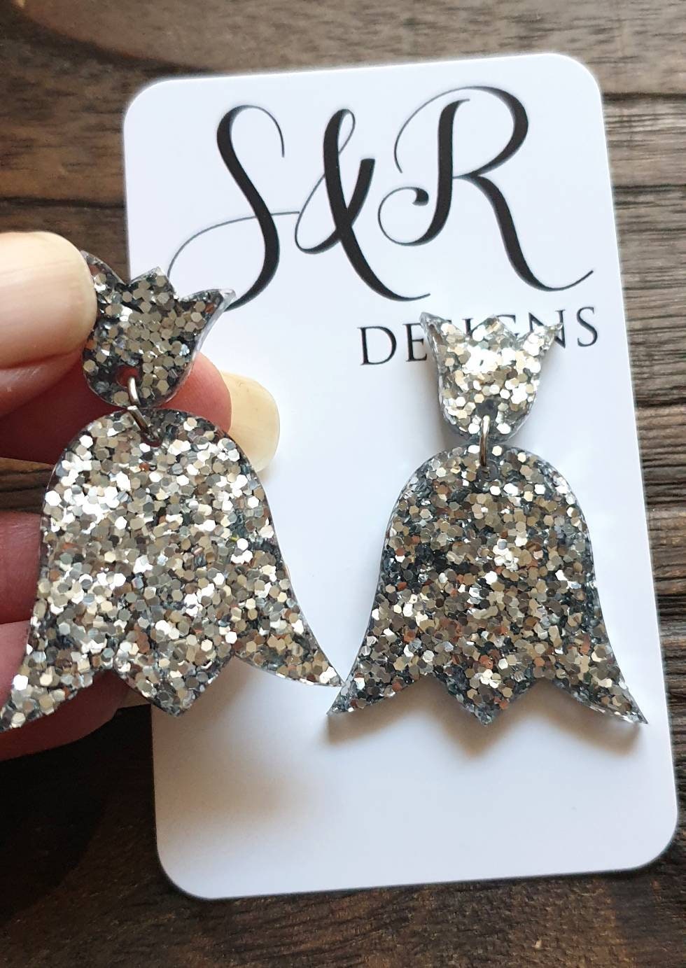 Tulip Silver Glitter Resin Earrings, Silver Glitter Resin Flower Earrings, Stainless Steel Earrings