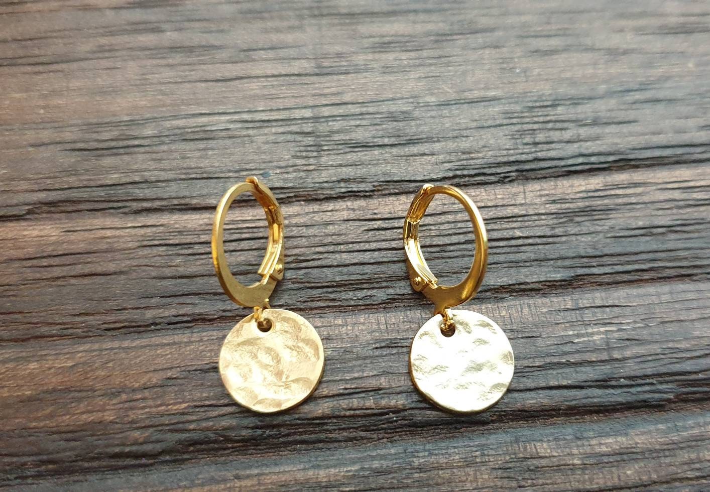 Gold Hammered Circle Disc Leverback Earrings, Coin Disc Hoops, Disc Hooks, Stainless Steel Dangle Leverback, Personalised Minimalist Earring