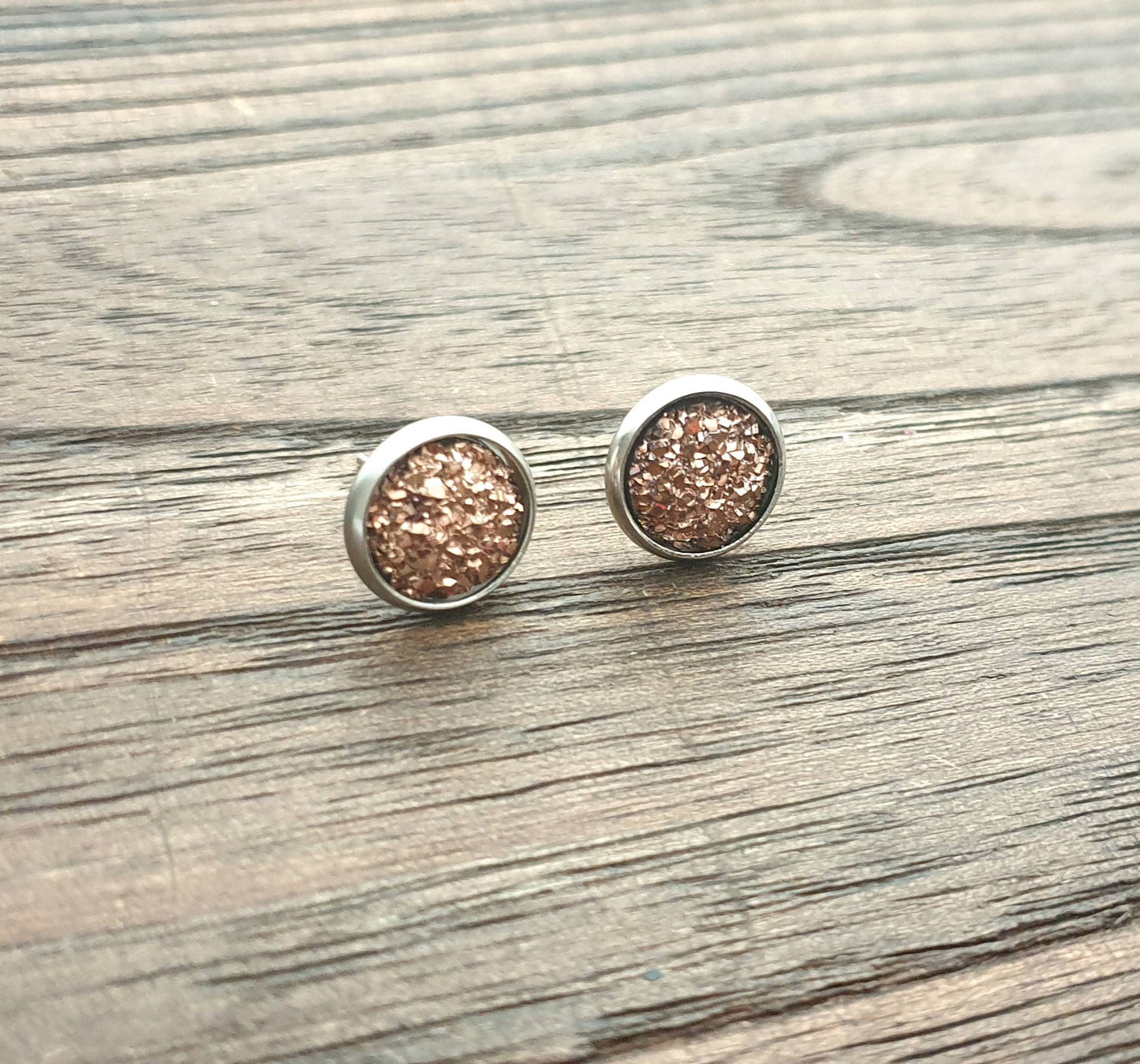 Rose Gold Faux Druzy Stud Earrings, Stainless Steel Earrings 10mm