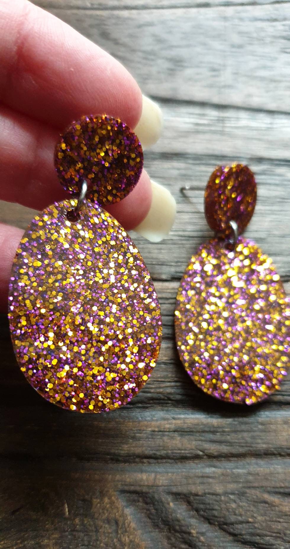 Statement Oval Long Resin Earrings, Purple Gold Glitter Resin Earrings, Stainless Steel Earrings, Bridesmaid Earrings, Bride Earrings