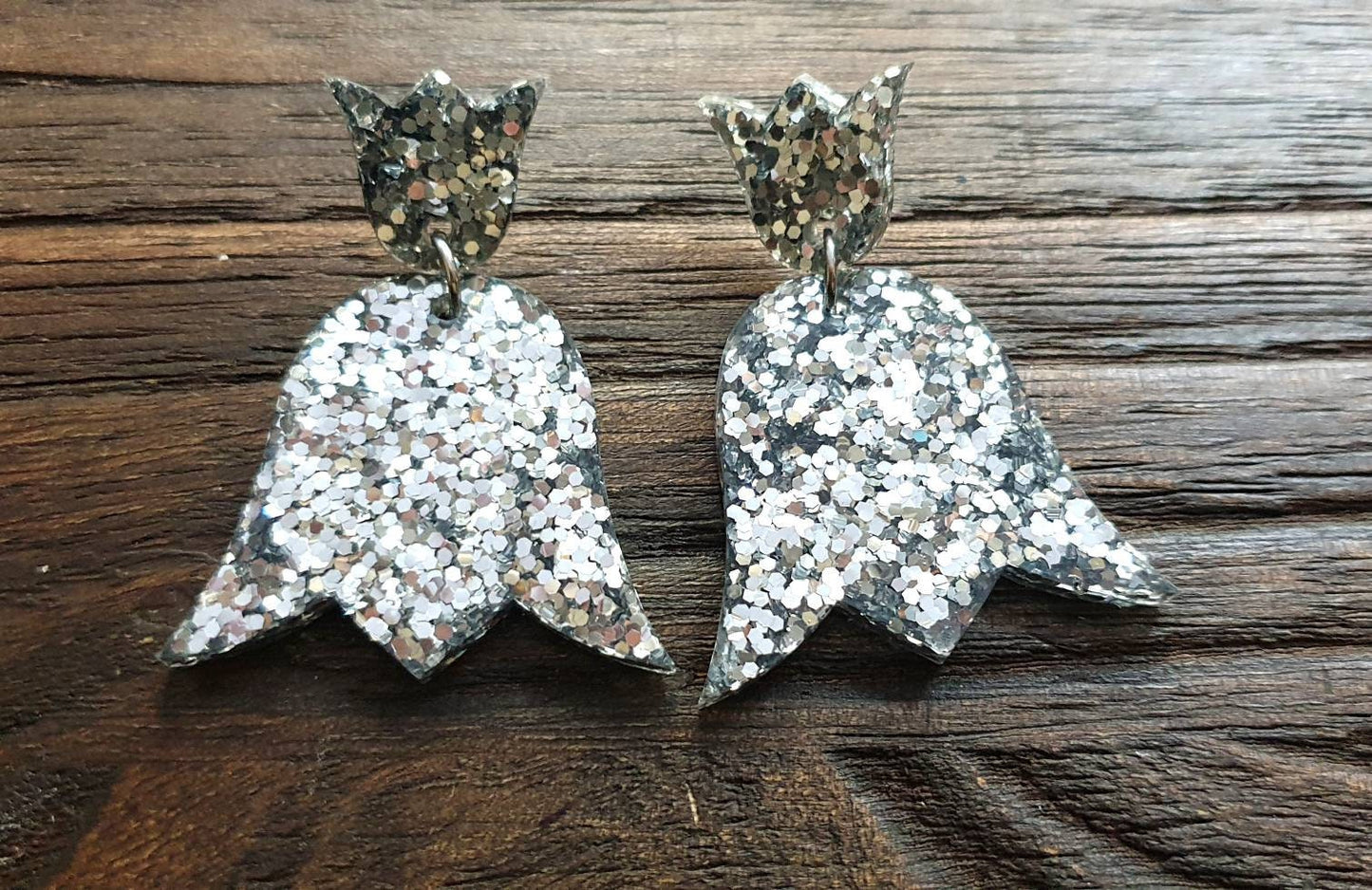 Tulip Silver Glitter Resin Earrings, Silver Glitter Resin Flower Earrings, Stainless Steel Earrings