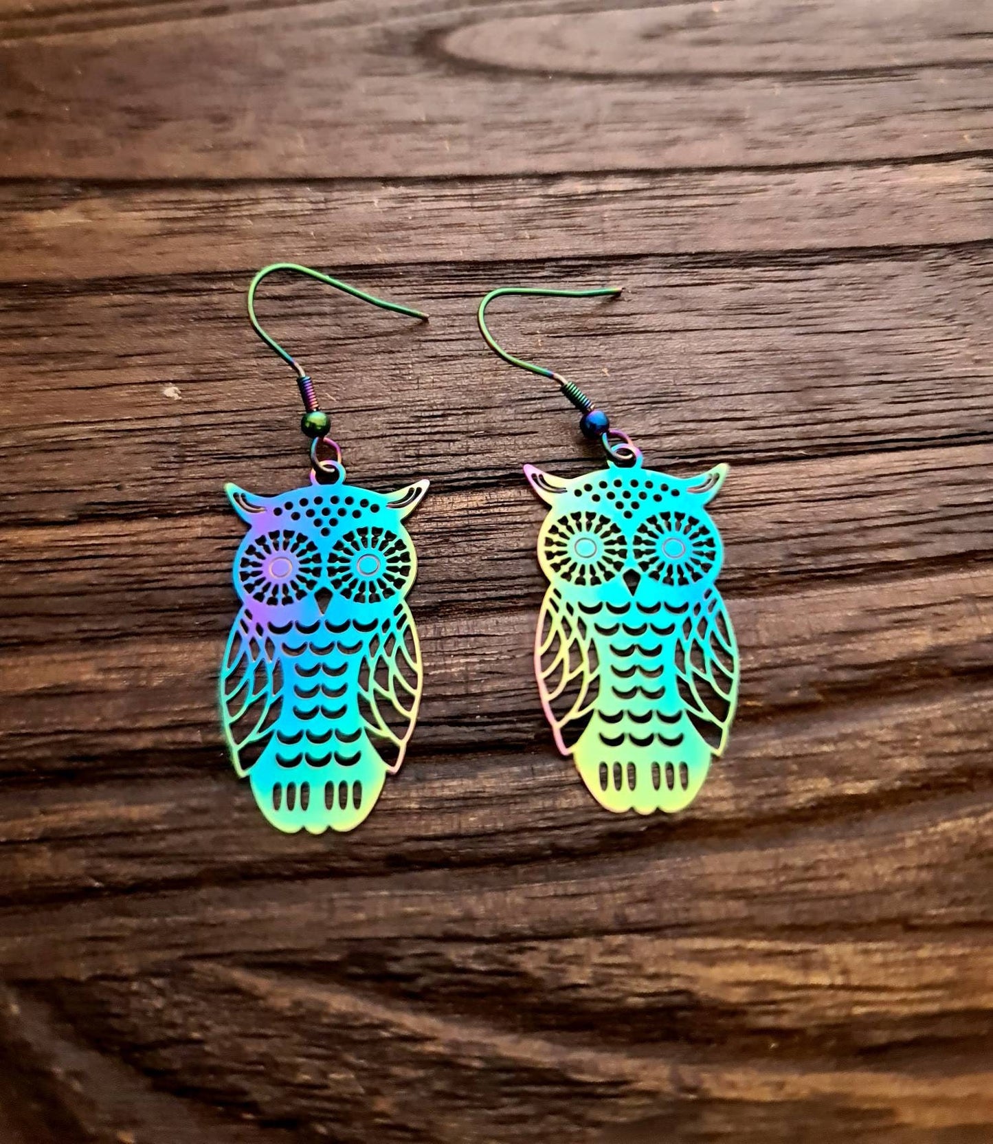 Rainbow Owl Earrings, Filigree Owl Dangle Hook Earrings Anodized or Stainless Steel Leverback