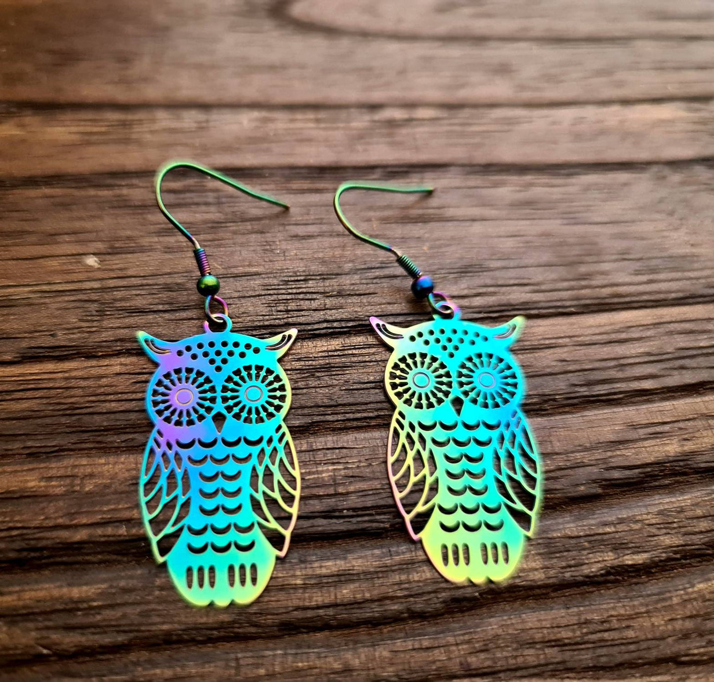 Rainbow Owl Earrings, Filigree Owl Dangle Hook Earrings Anodized or Stainless Steel Leverback
