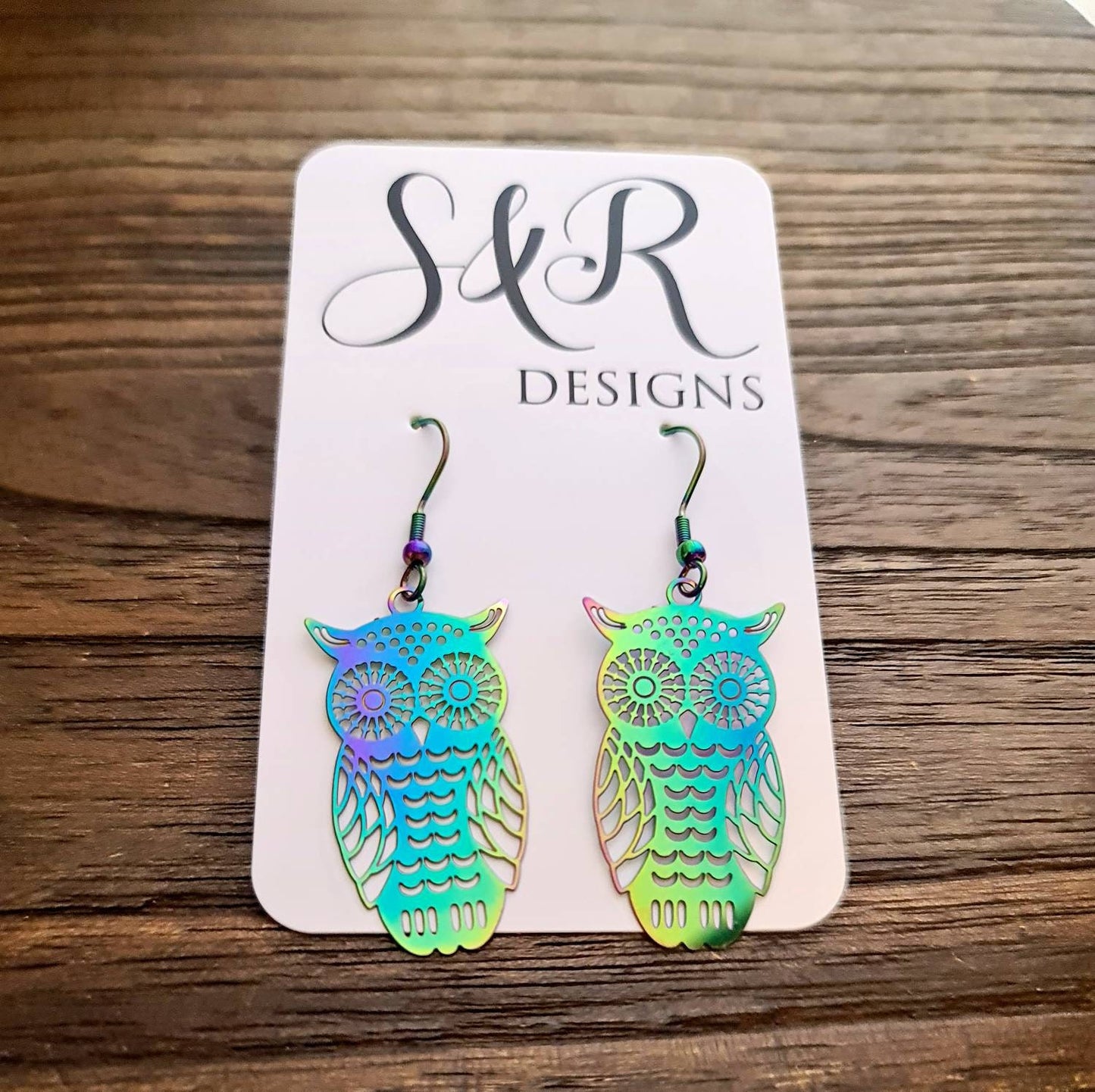 Rainbow Owl Earrings, Filigree Owl Dangle Hook Earrings Anodized or Stainless Steel Leverback
