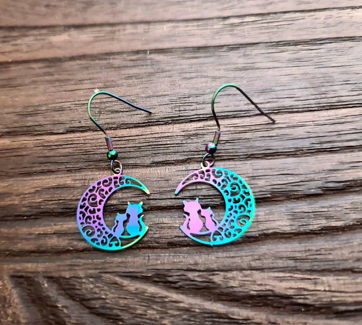 Rainbow Cat Earrings on Moon Filigree, Silver Stainless Steel Dangle Hook Earrings Anodized or Leverback