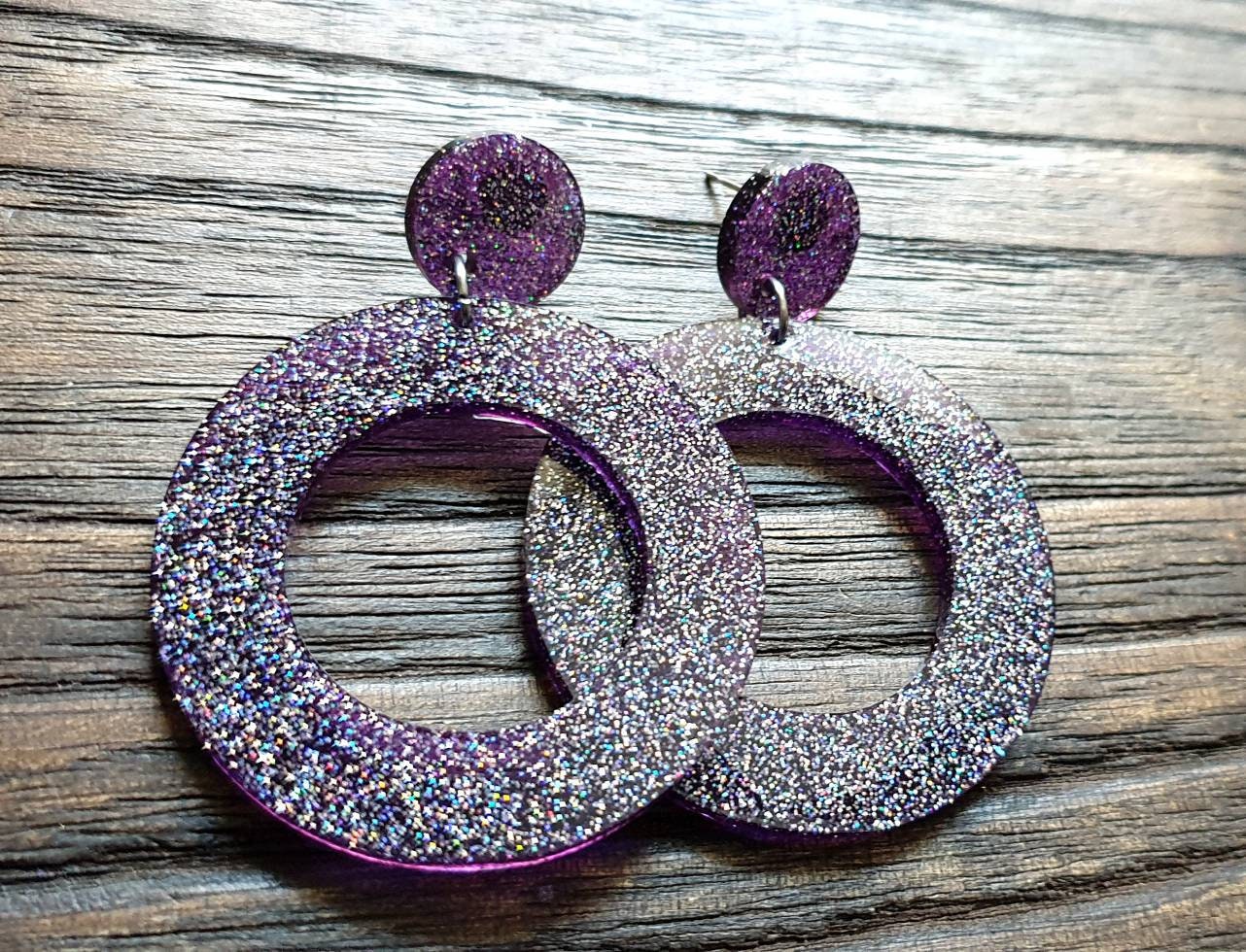 Purple Circle Dangle Earrings, Holographic Glitter Resin Circle Earrings, Stainless Steel Earrings, Statement Earrings, Large Earrings