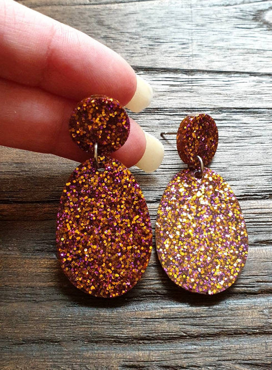 Statement Oval Long Resin Earrings, Purple Gold Glitter Resin Earrings, Stainless Steel Earrings, Bridesmaid Earrings, Bride Earrings