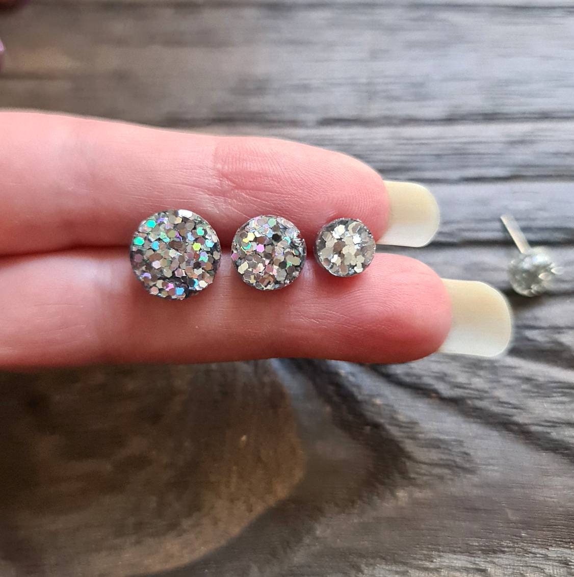 Circle Dot Resin Stud Earrings, Silver Holographic Glitter Earrings. Stainless Steel Stud Earrings. 12mm, 10mm or 8mm