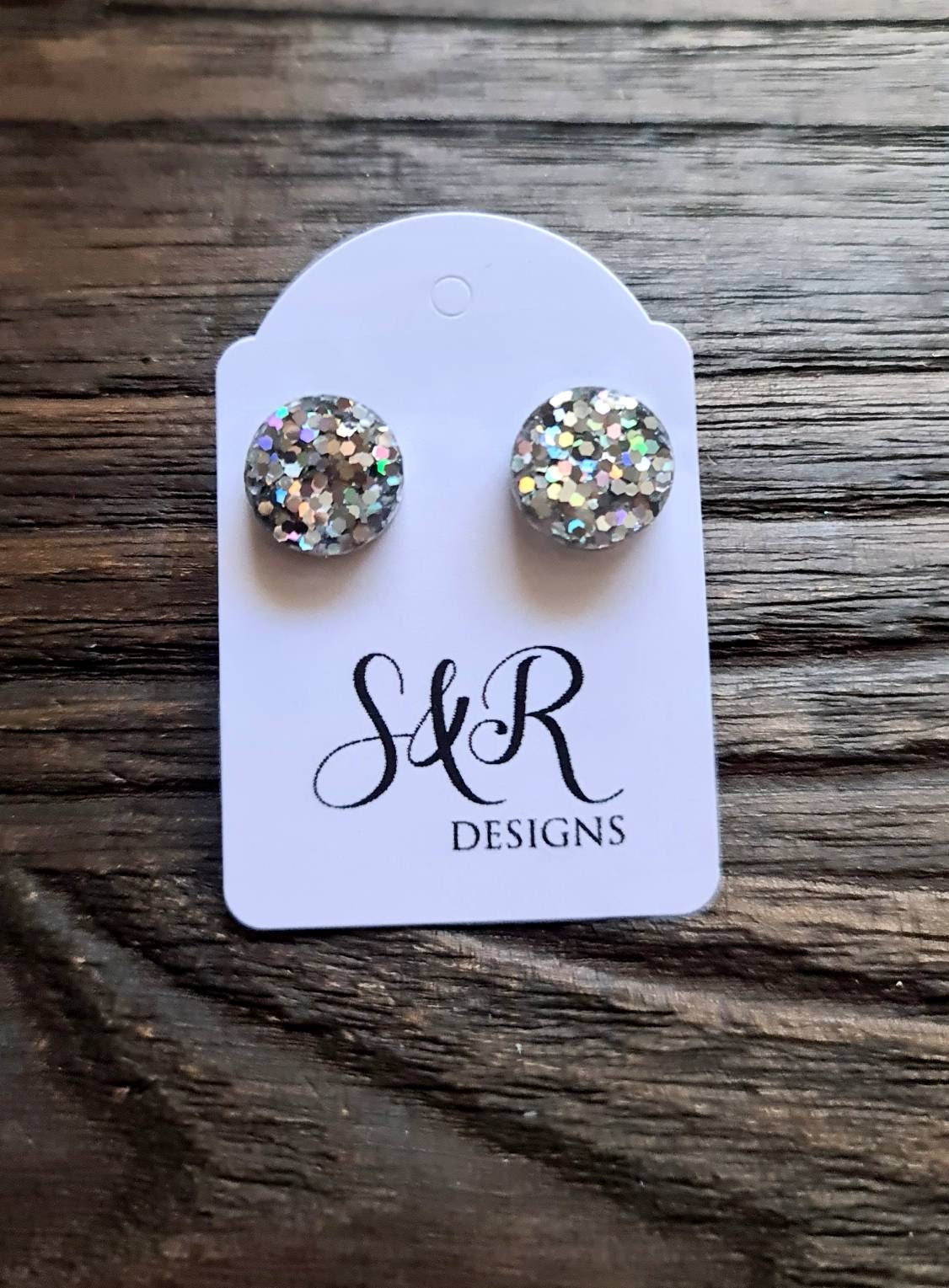 Circle Dot Resin Stud Earrings, Silver Holographic Glitter Earrings. Stainless Steel Stud Earrings. 12mm, 10mm or 8mm