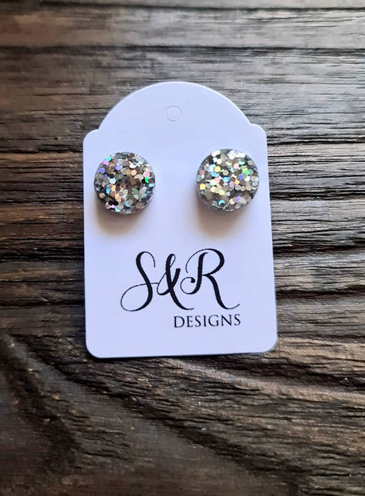 Circle Dot Resin Stud Earrings, Silver Holographic Glitter Earrings. Stainless Steel Stud Earrings. 12mm, 10mm or 8mm