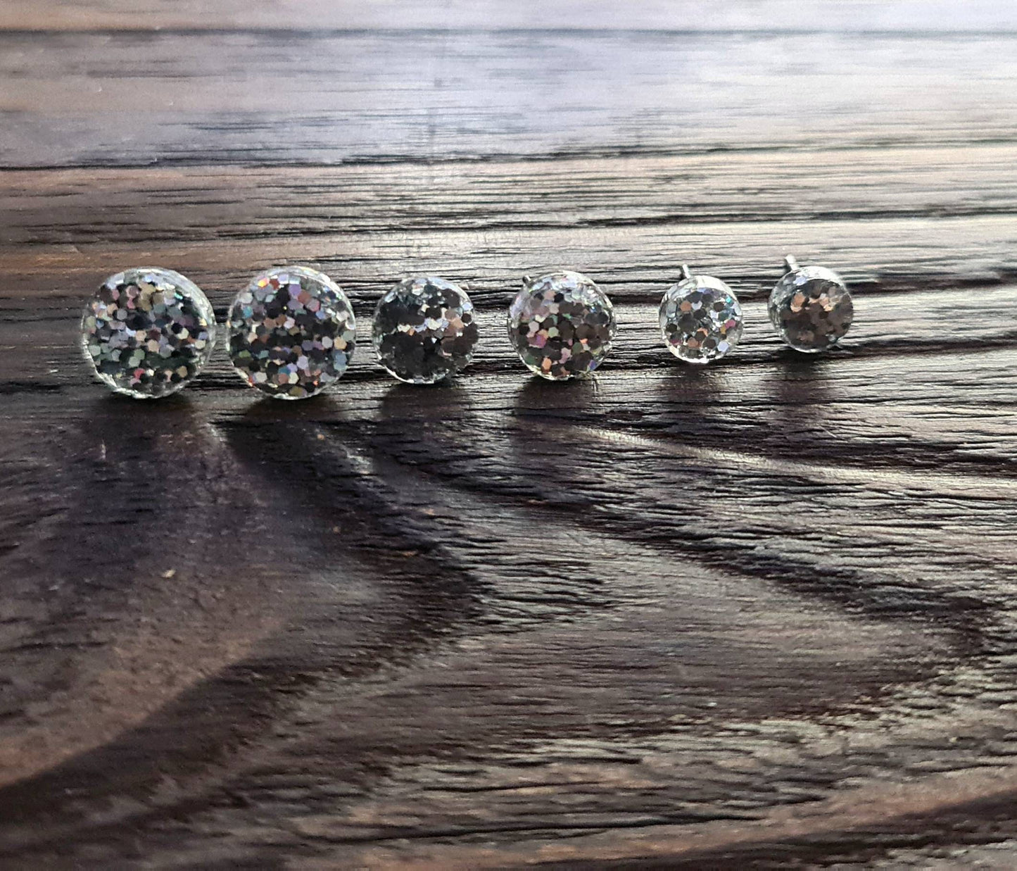 Circle Dot Resin Stud Earrings, Silver Holographic Glitter Earrings. Stainless Steel Stud Earrings. 12mm, 10mm or 8mm