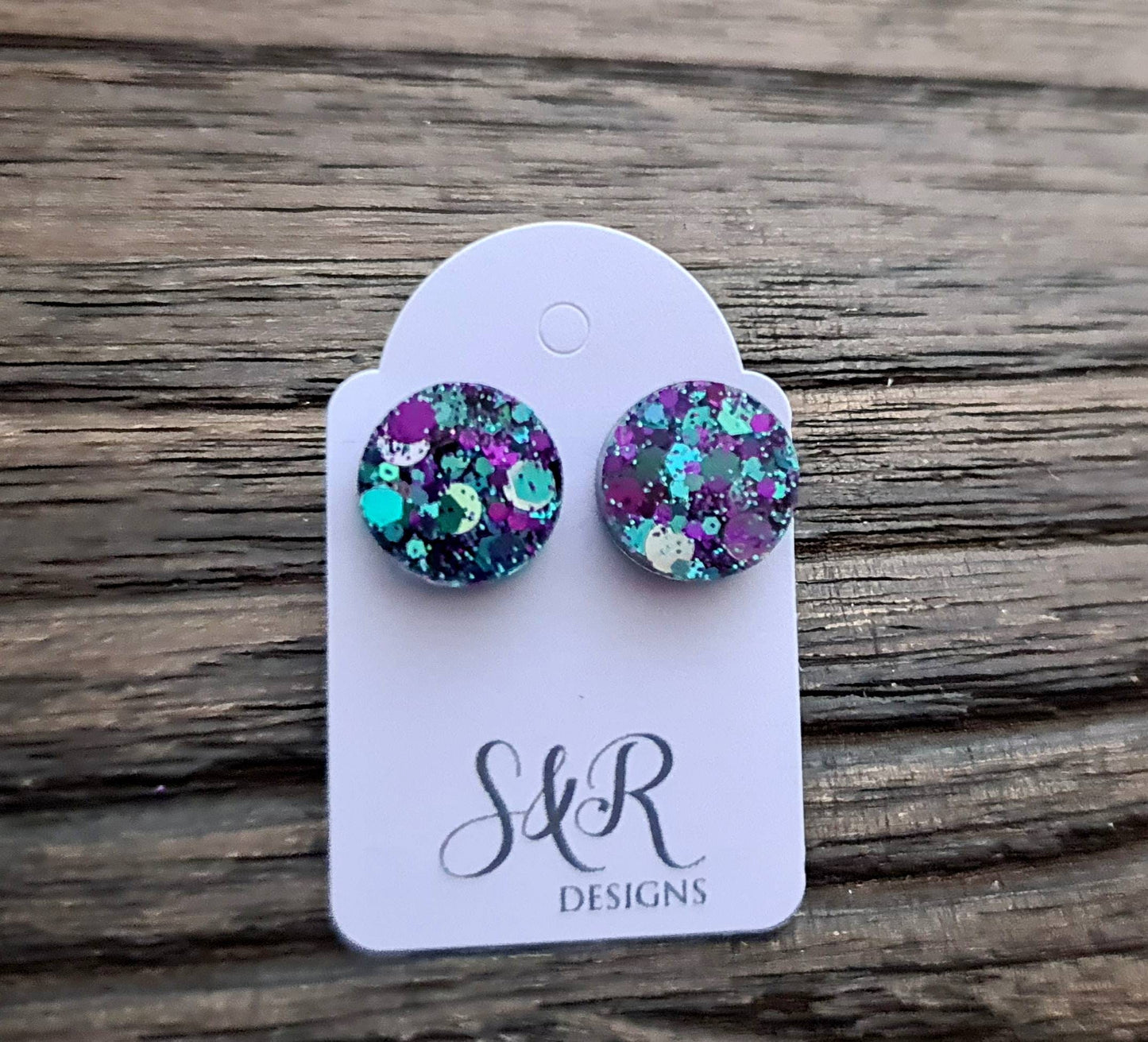 Circle Dot Resin Stud Earrings, Purple Teal Silver Glitter Earrings. Stainless Steel Minimalist Stud Earrings. 15mm, 12mm, 10mm or 8mm