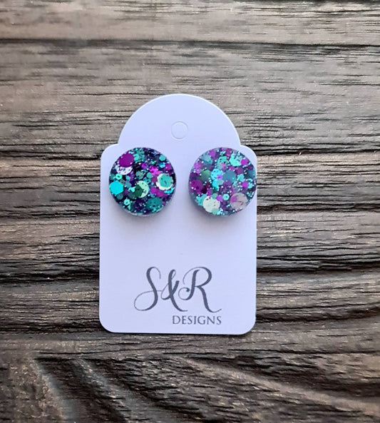 Circle Dot Resin Stud Earrings, Purple Teal Silver Glitter Earrings. Stainless Steel Minimalist Stud Earrings. 15mm, 12mm, 10mm or 8mm