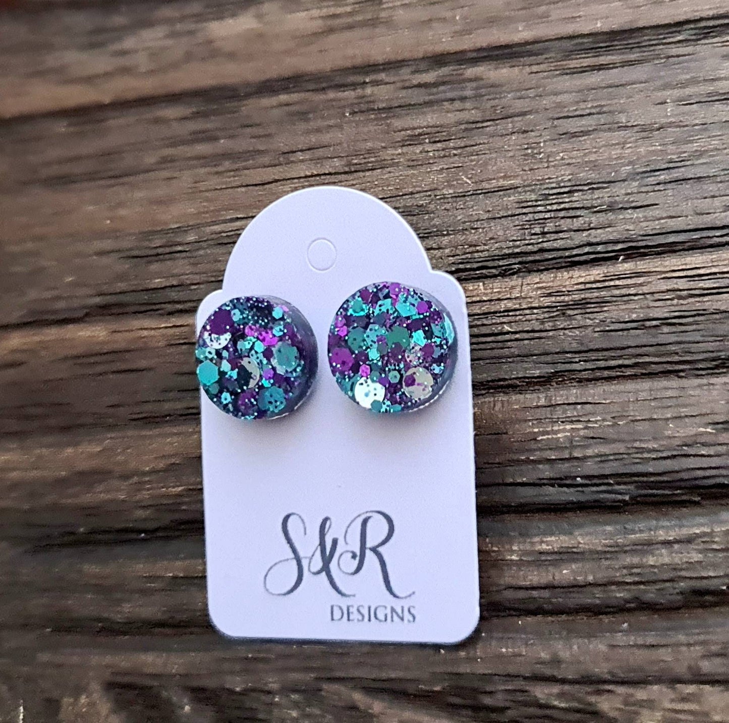 Circle Dot Resin Stud Earrings, Purple Teal Silver Glitter Earrings. Stainless Steel Minimalist Stud Earrings. 15mm, 12mm, 10mm or 8mm