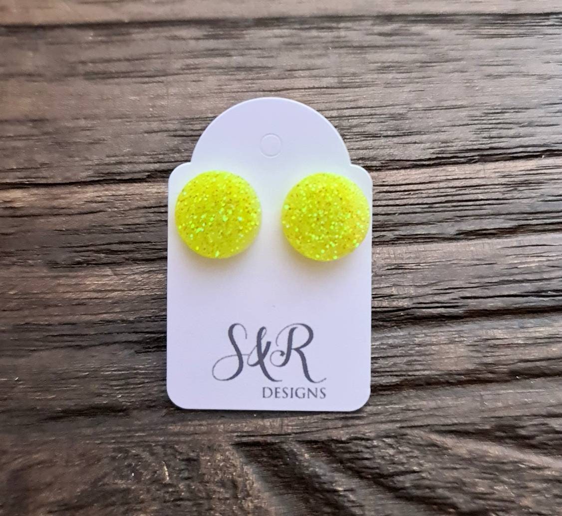 Circle Dot Resin Stud Earrings, Yellow Holographic Glitter Earrings. Stainless Steel Stud Earrings. 15mm, 12mm, 10mm or 8mm