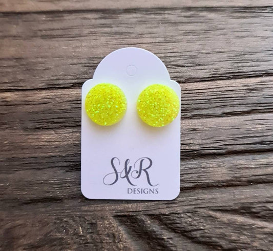 Circle Dot Resin Stud Earrings, Yellow Holographic Glitter Earrings. Stainless Steel Stud Earrings. 15mm, 12mm, 10mm or 8mm