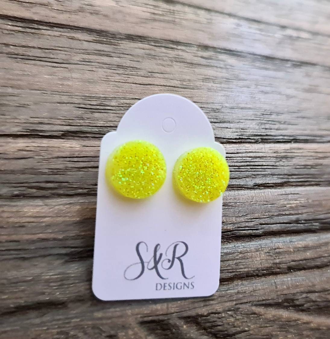 Circle Dot Resin Stud Earrings, Yellow Holographic Glitter Earrings. Stainless Steel Stud Earrings. 15mm, 12mm, 10mm or 8mm