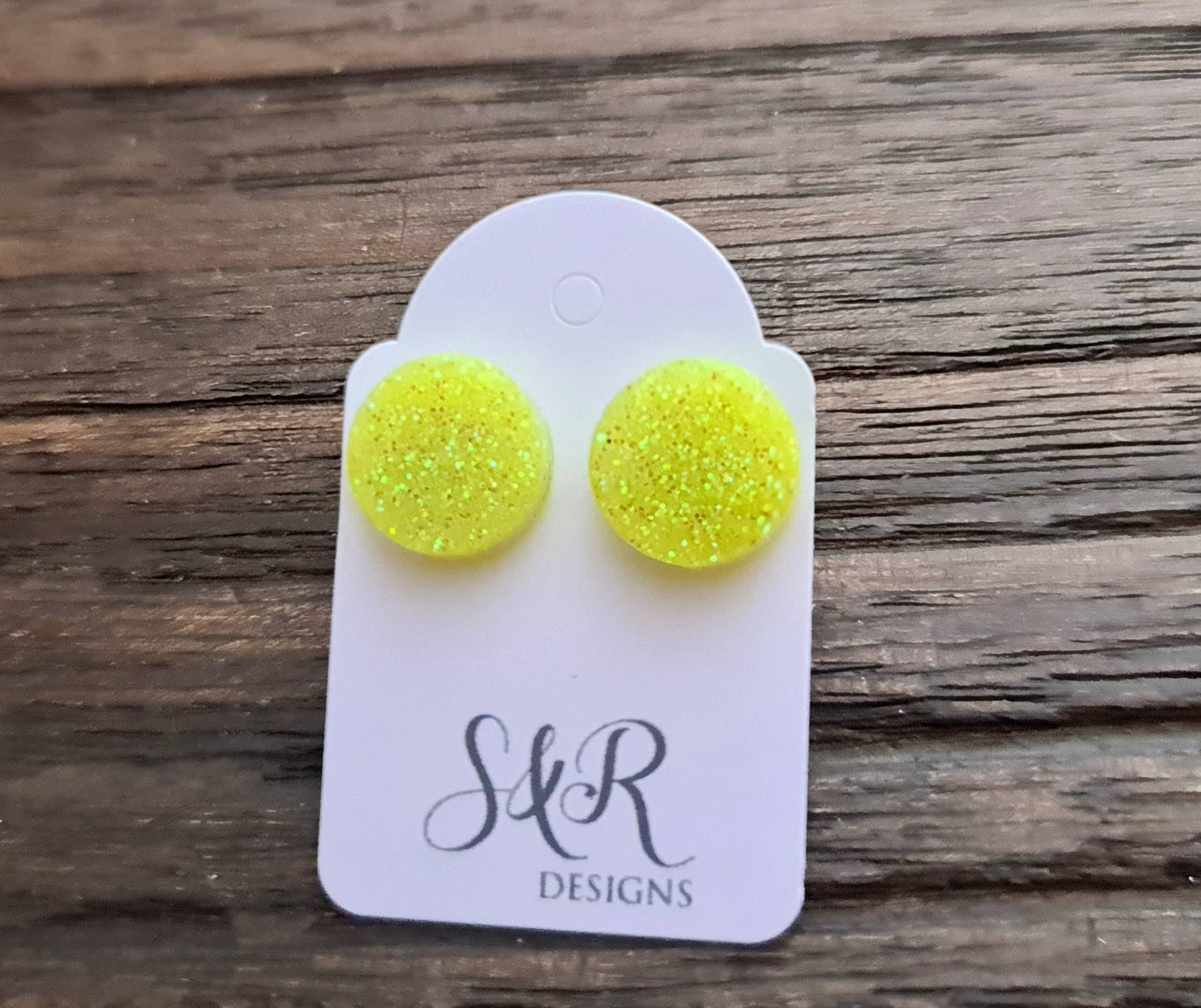 Circle Dot Resin Stud Earrings, Yellow Holographic Glitter Earrings. Stainless Steel Stud Earrings. 15mm, 12mm, 10mm or 8mm