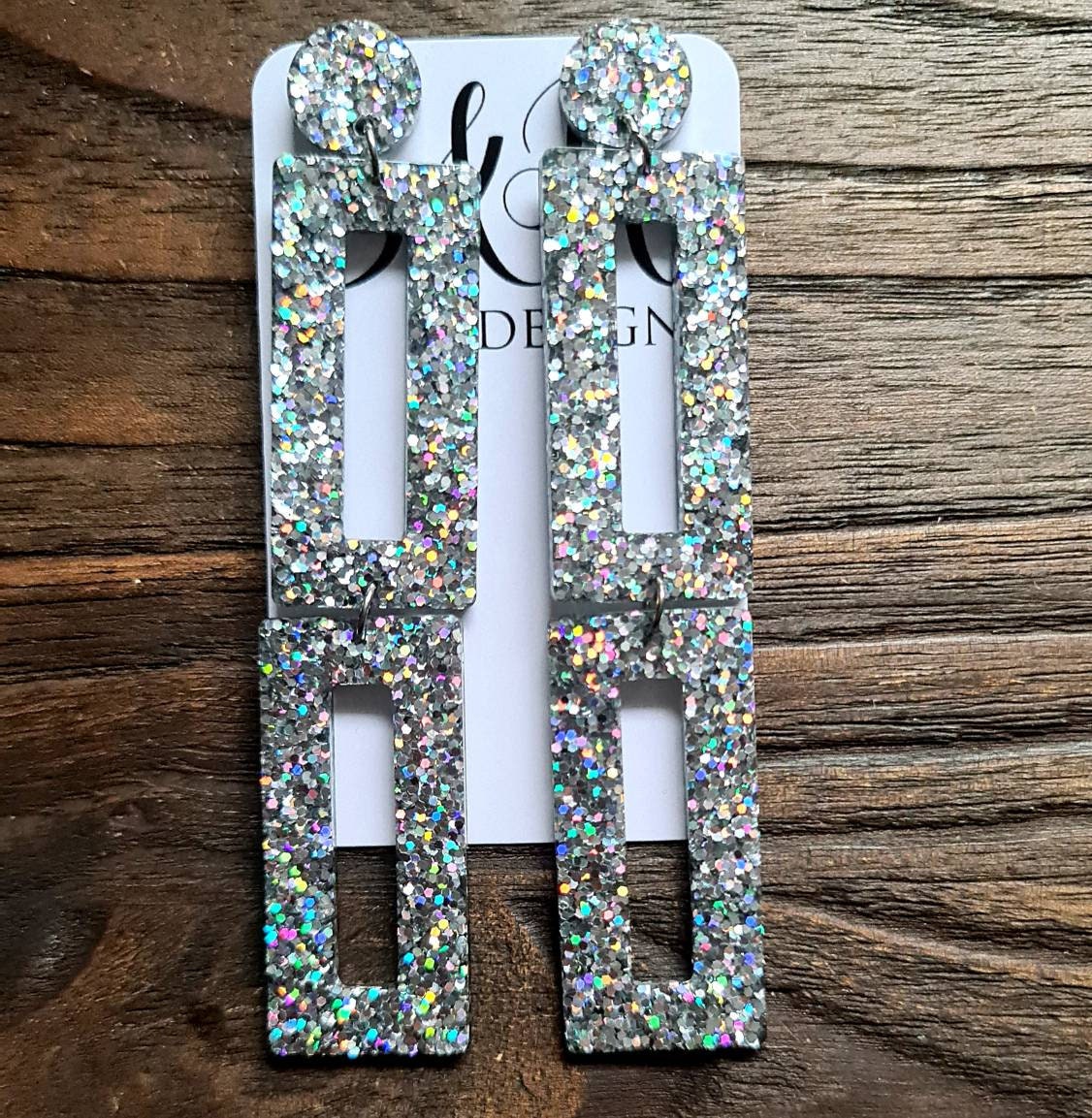 Sparkly Double Rectangle Statement Earrings, Silver Holographic Glitter Extra Long Dangle Earrings