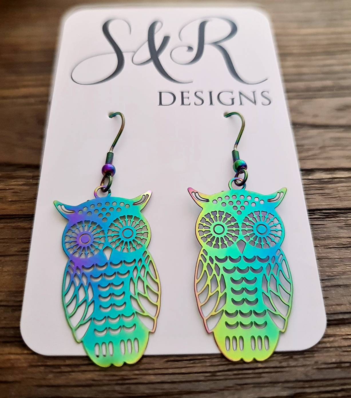 Rainbow Owl Earrings, Filigree Owl Dangle Hook Earrings Anodized or Stainless Steel Leverback