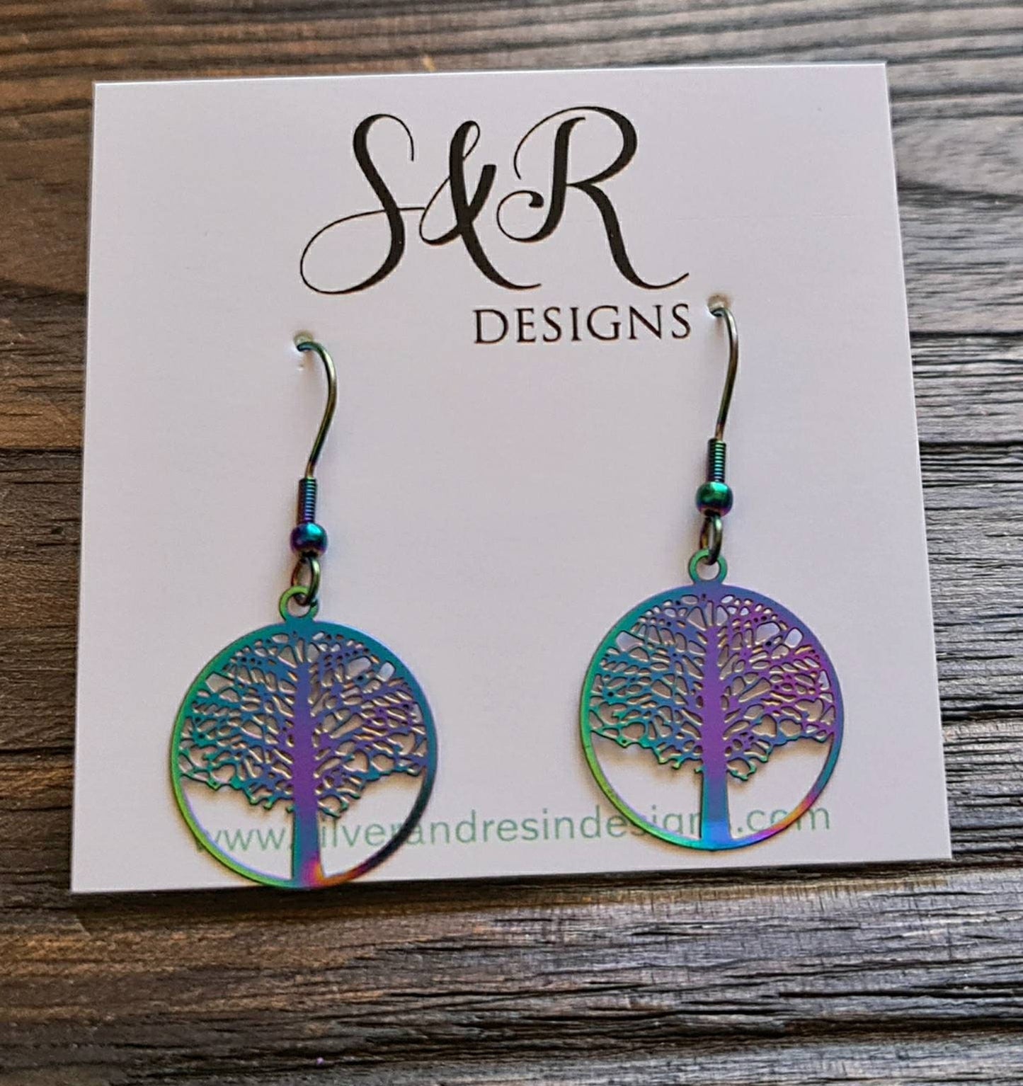 Rainbow Tree of Life Filigree Silver Stainless Steel Dangle Hook Earrings Anodized or leverback