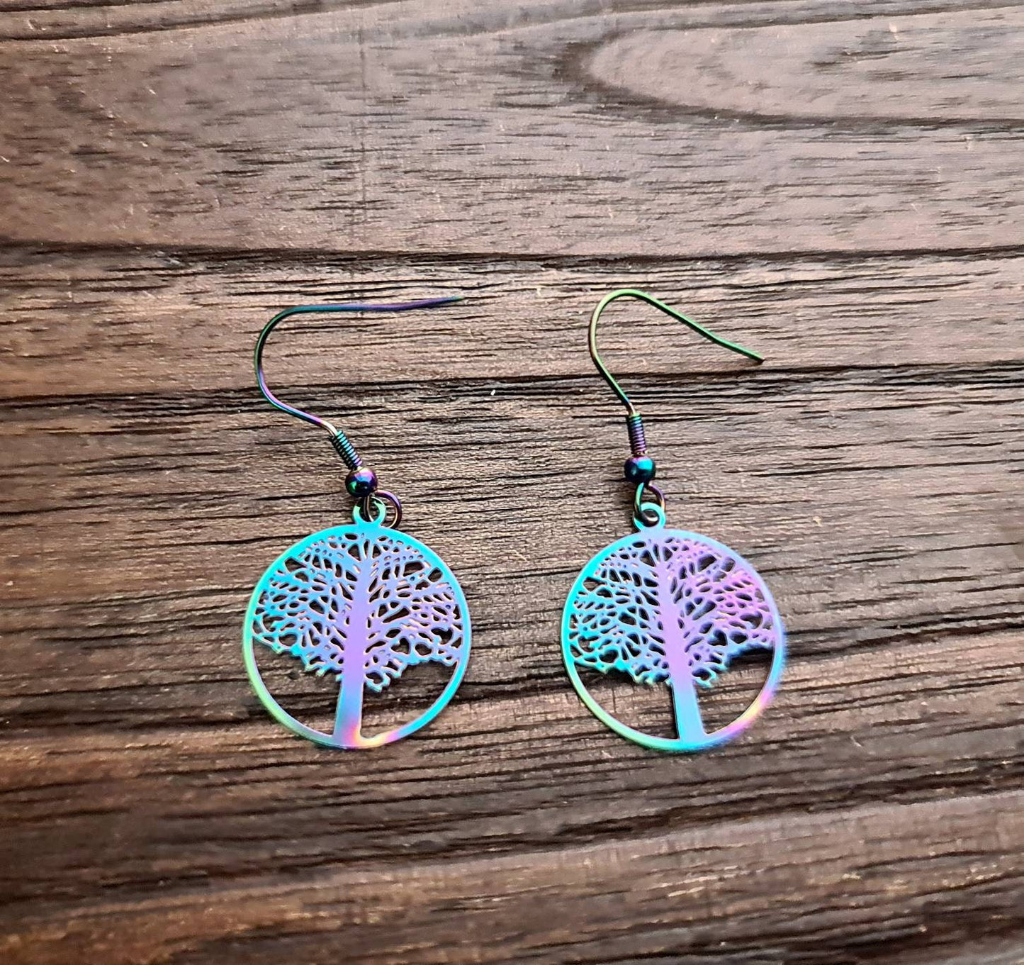 Rainbow Tree of Life Filigree Silver Stainless Steel Dangle Hook Earrings Anodized or leverback