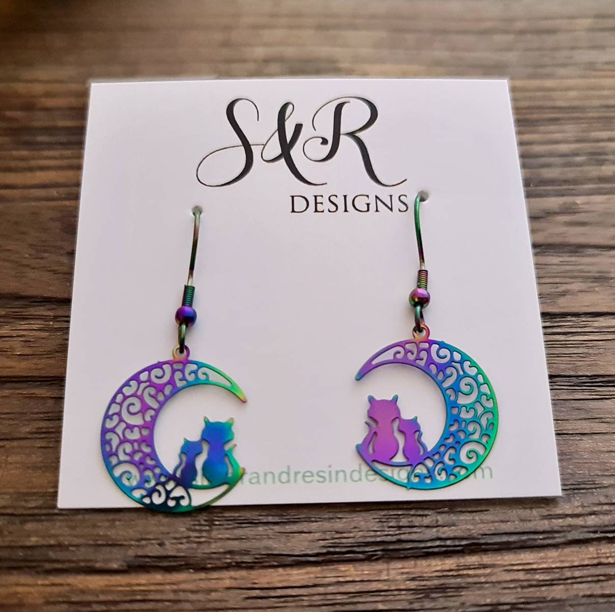 Rainbow Cat Earrings on Moon Filigree, Silver Stainless Steel Dangle Hook Earrings Anodized or Leverback
