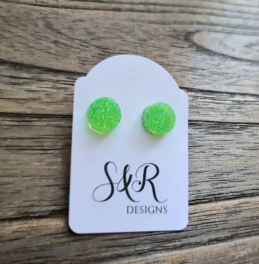 Circle Dot Resin Stud Earrings, Light Green Holographic Glitter Earrings. Stainless Steel Stud Earrings. 12mm, 10mm or 8mm