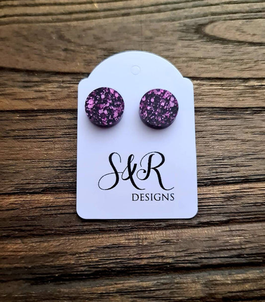 Circle Dot Resin Stud Earrings, Pink Black Glitter Earrings. Stainless Steel Stud Earrings. 12mm, 10mm or 8mm