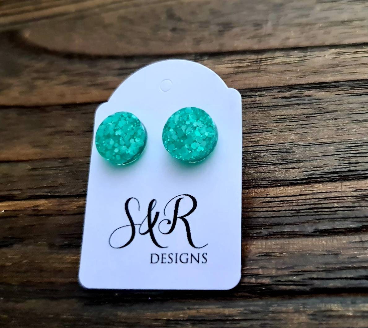 Circle Dot Resin Stud Earrings, Mint Glitter Earrings. Stainless Steel Stud Earrings. 12mm, 10mm or 8mm